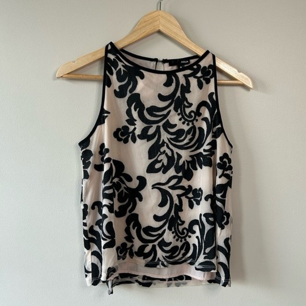 Aqua Black Floral Velvet Pattern Nude Top Size Extra Small